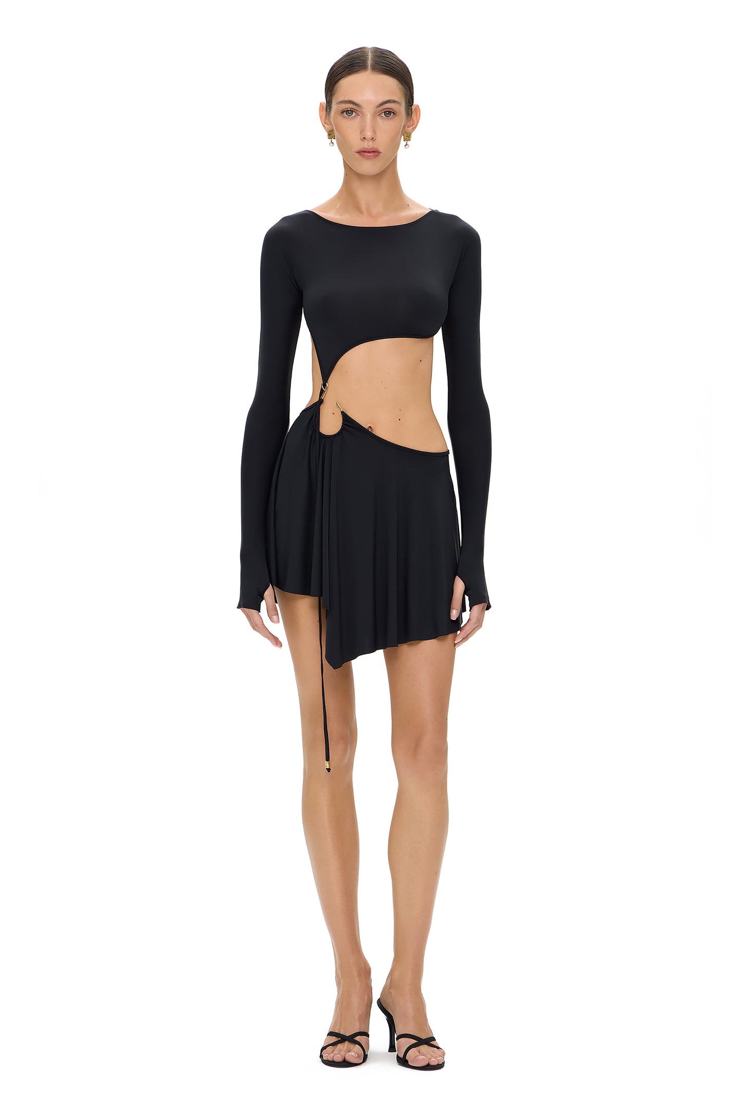 LYCRA LONG SLEEVE MINI DRESS WITH METAL HOOK DECOR BLACK