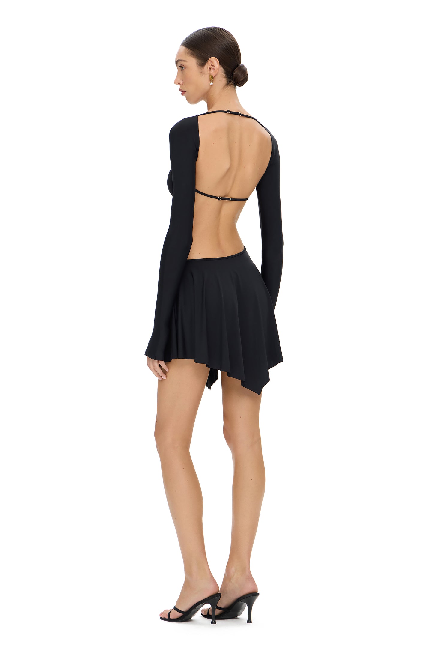 LYCRA LONG SLEEVE MINI DRESS WITH METAL HOOK DECOR BLACK