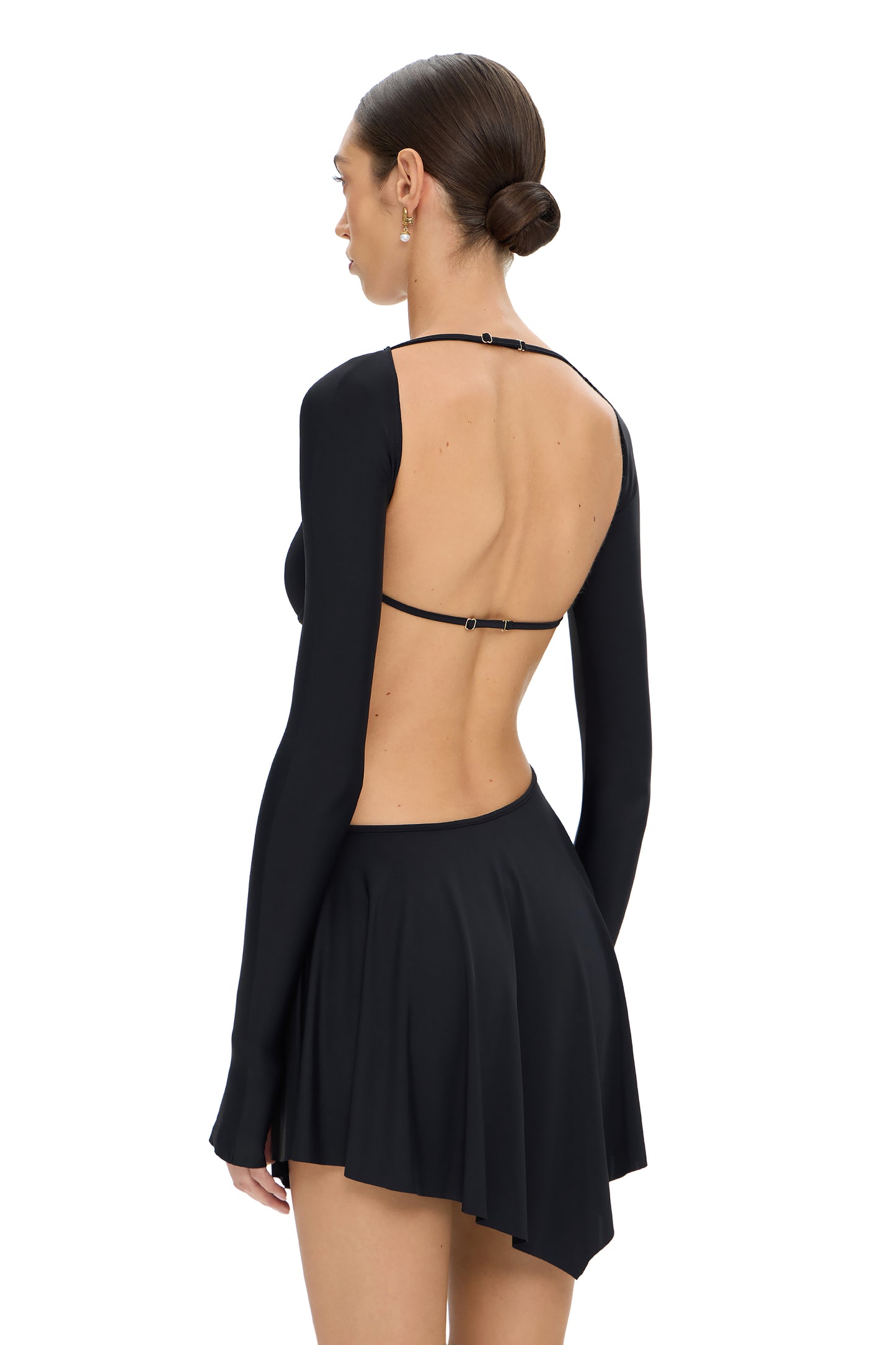 LYCRA LONG SLEEVE MINI DRESS WITH METAL HOOK DECOR BLACK