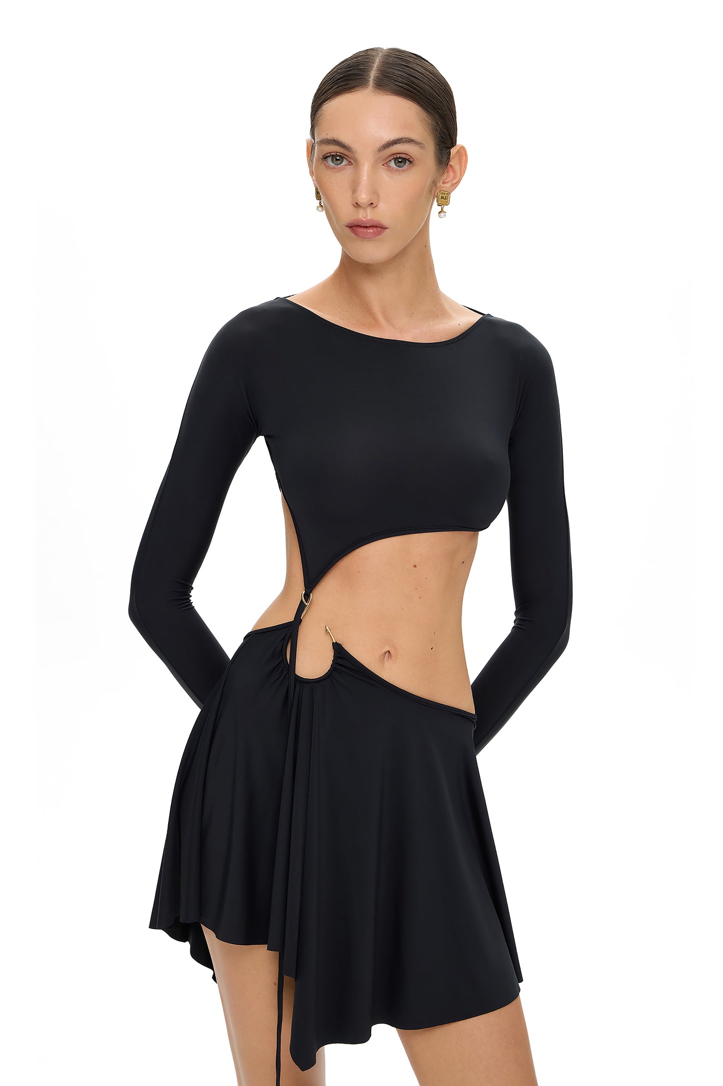 LYCRA LONG SLEEVE MINI DRESS WITH METAL HOOK DECOR BLACK