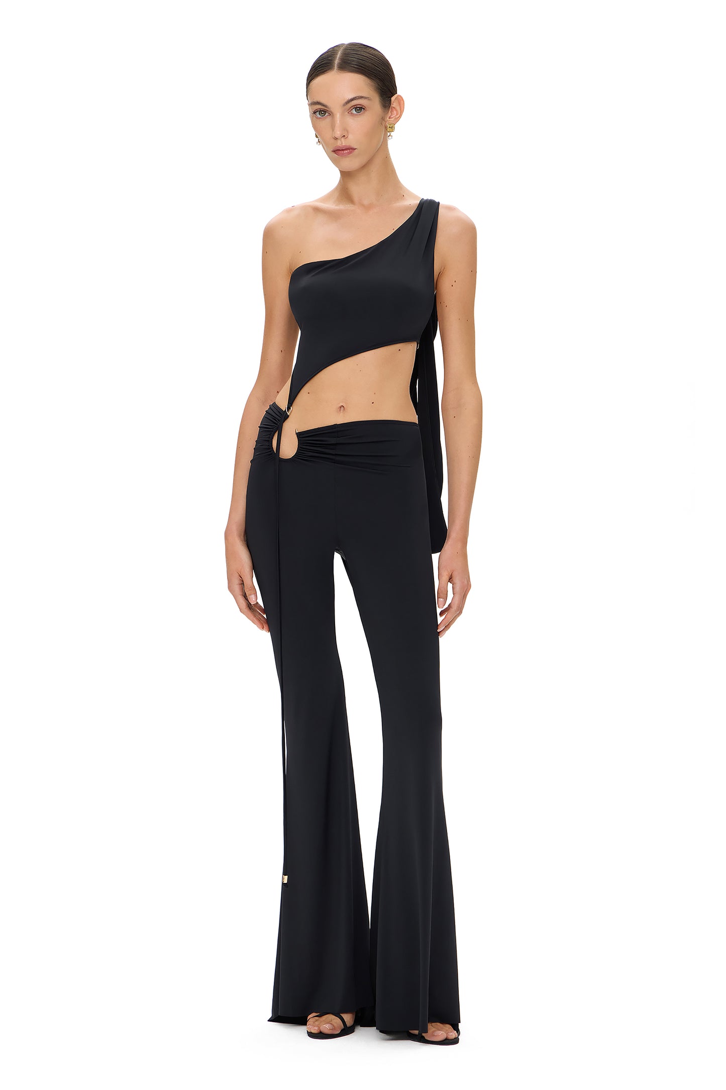 LYCRA SUIT ASYMMETRICAL TOP WITH BIG METAL HOOK DECOR AND HIGH WAIST TROUSERS BLACK