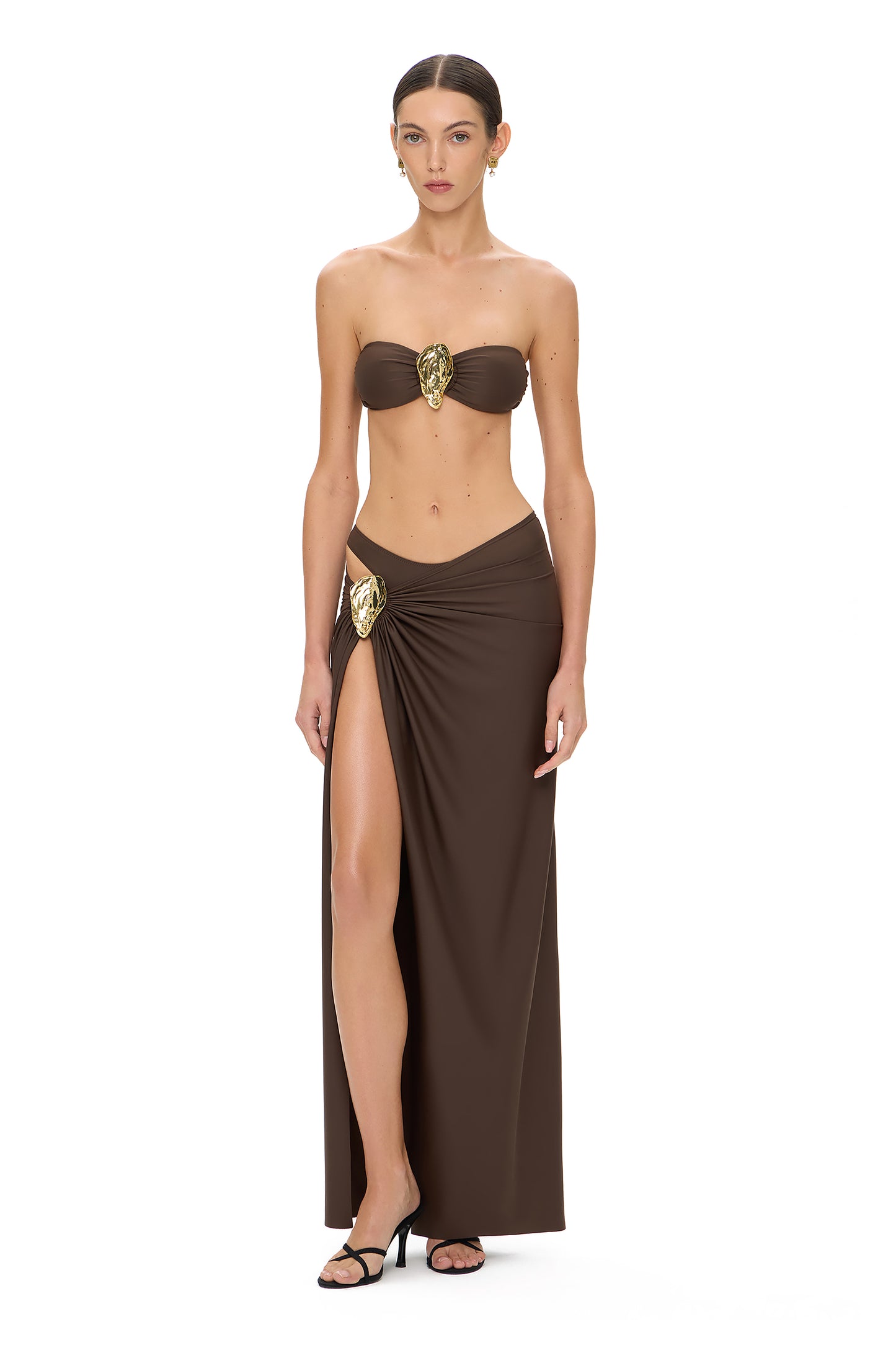 LYCRA LONG SKIRT WITH HIGH SLIT AND METAL SHELL DECOR CHOCOLATE