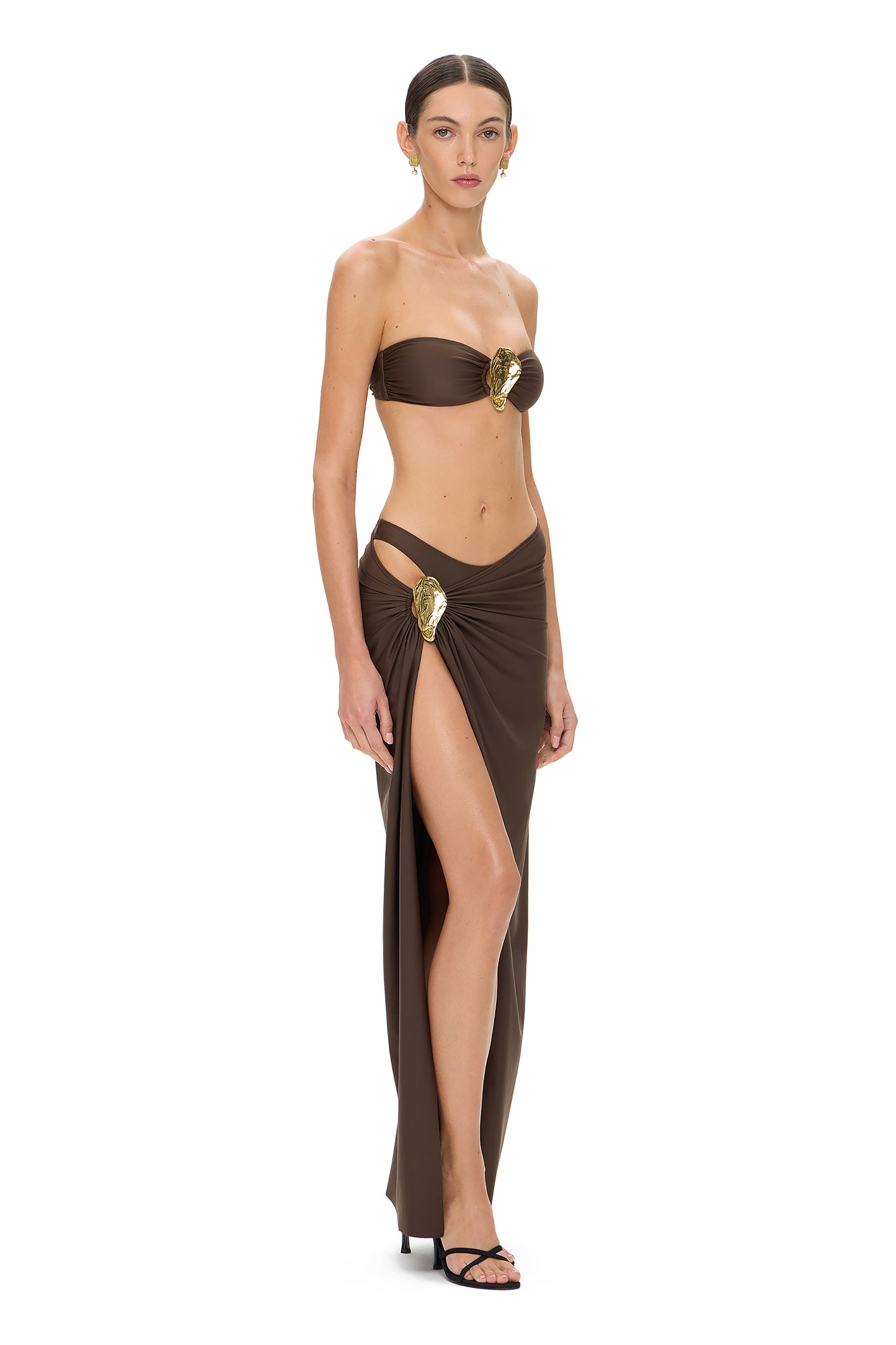 LYCRA LONG SKIRT WITH HIGH SLIT AND METAL SHELL DECOR CHOCOLATE