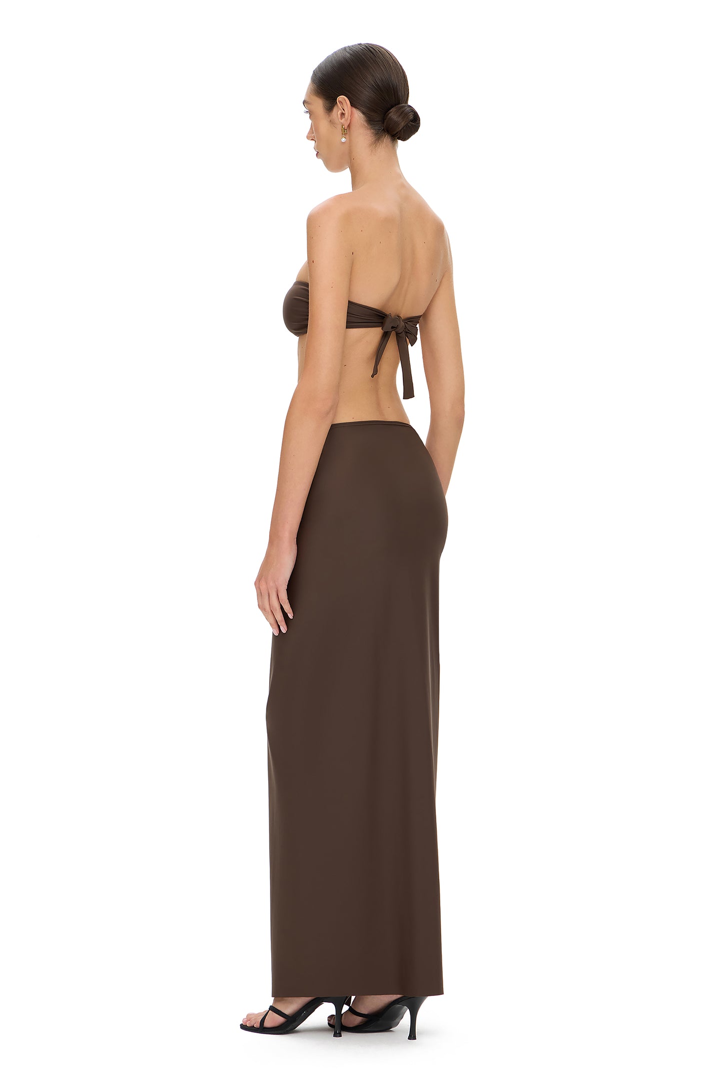 LYCRA LONG SKIRT WITH HIGH SLIT AND METAL SHELL DECOR CHOCOLATE