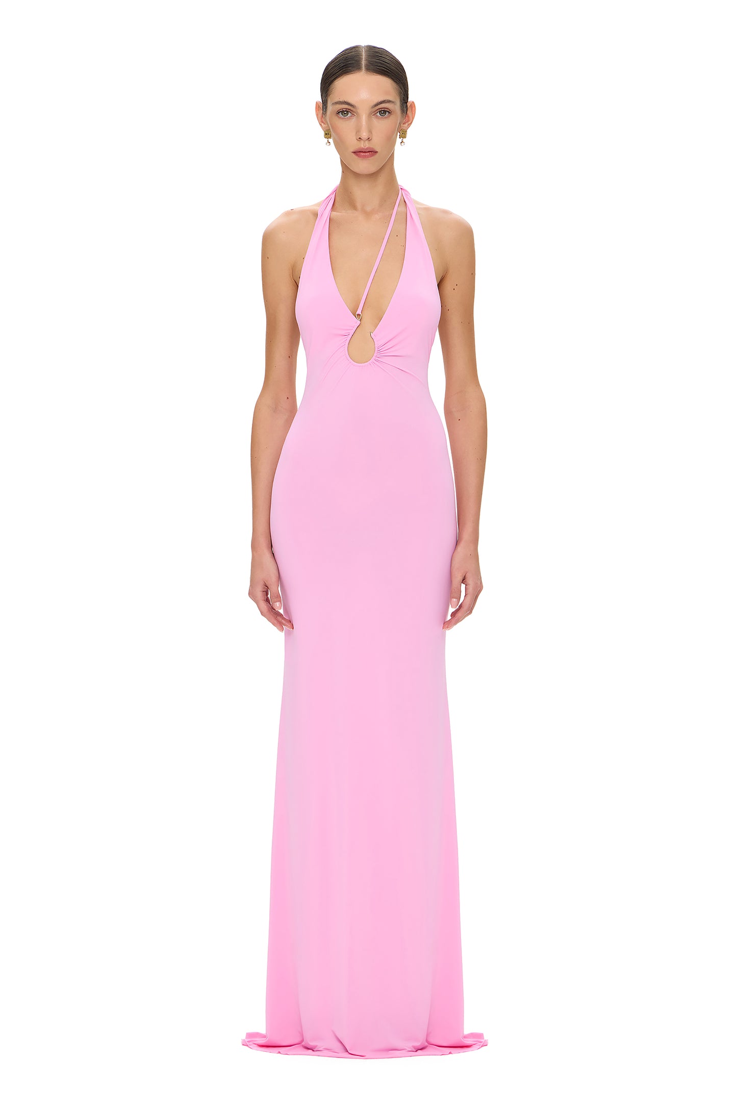 LYCRA MAXI DRESS OPEN SHOULDERS DEEP NECKLINE AND FISHING HOOK PINK