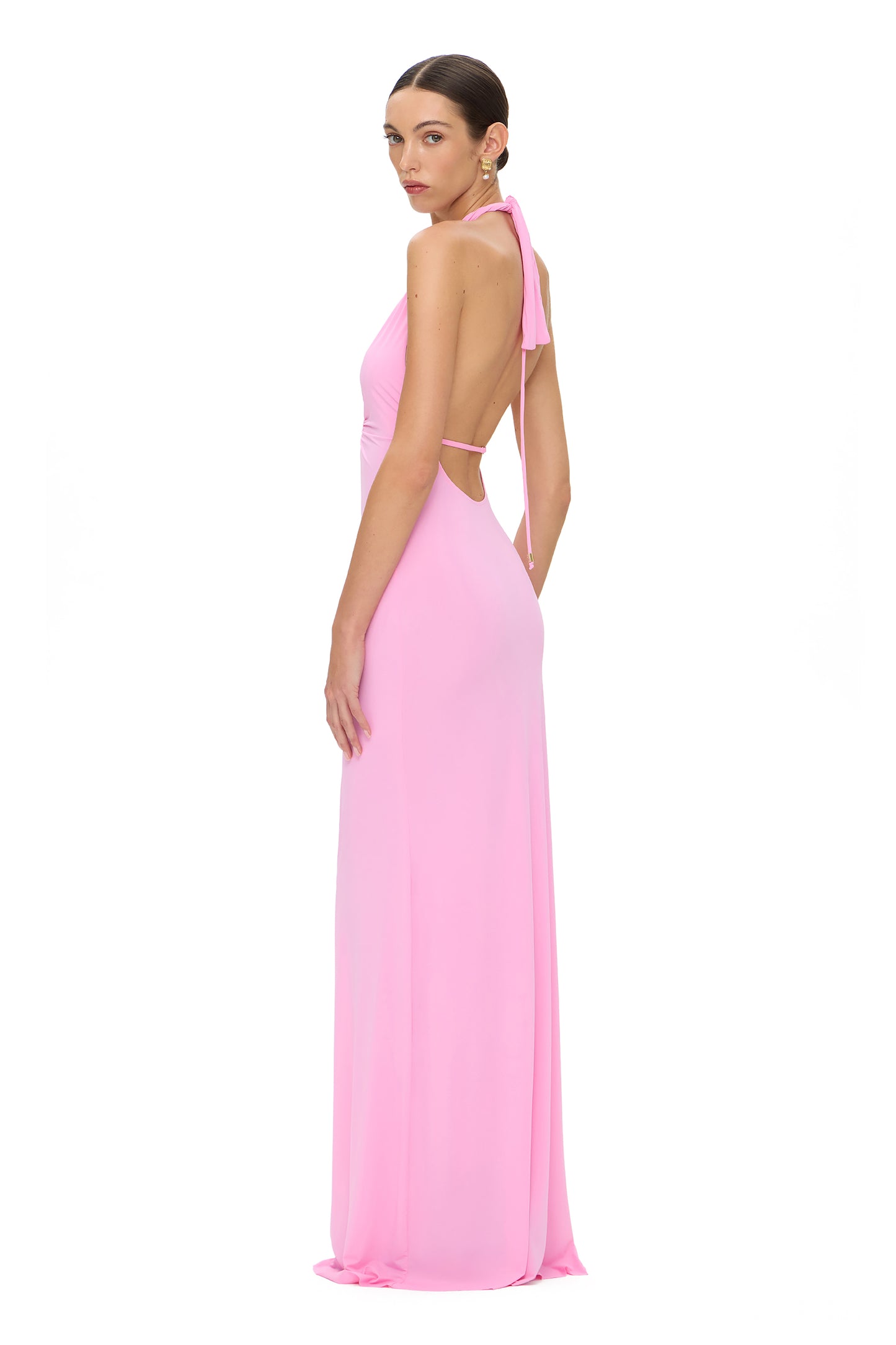 LYCRA MAXI DRESS OPEN SHOULDERS DEEP NECKLINE AND FISHING HOOK PINK
