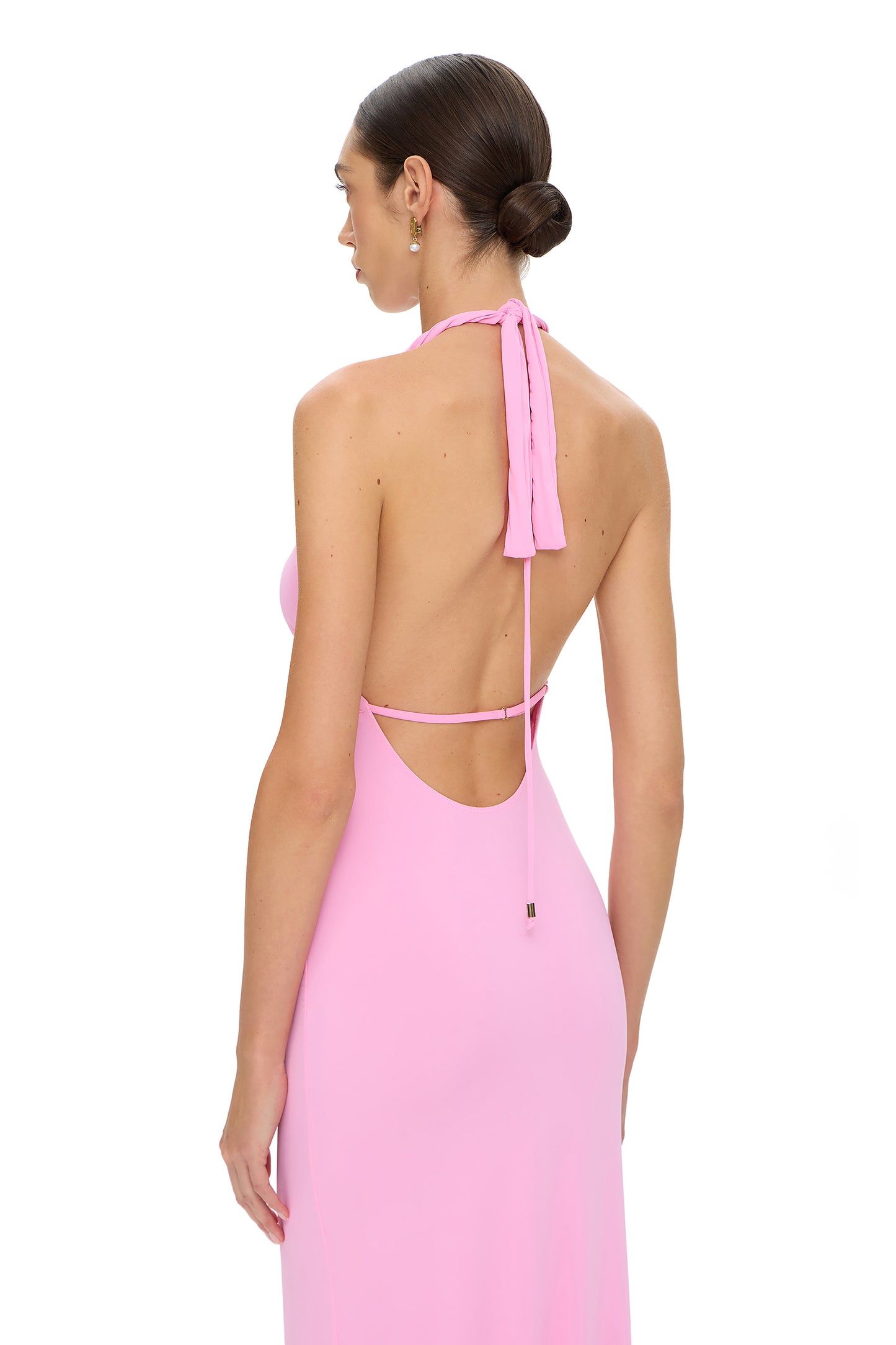 LYCRA MAXI DRESS OPEN SHOULDERS DEEP NECKLINE AND FISHING HOOK PINK