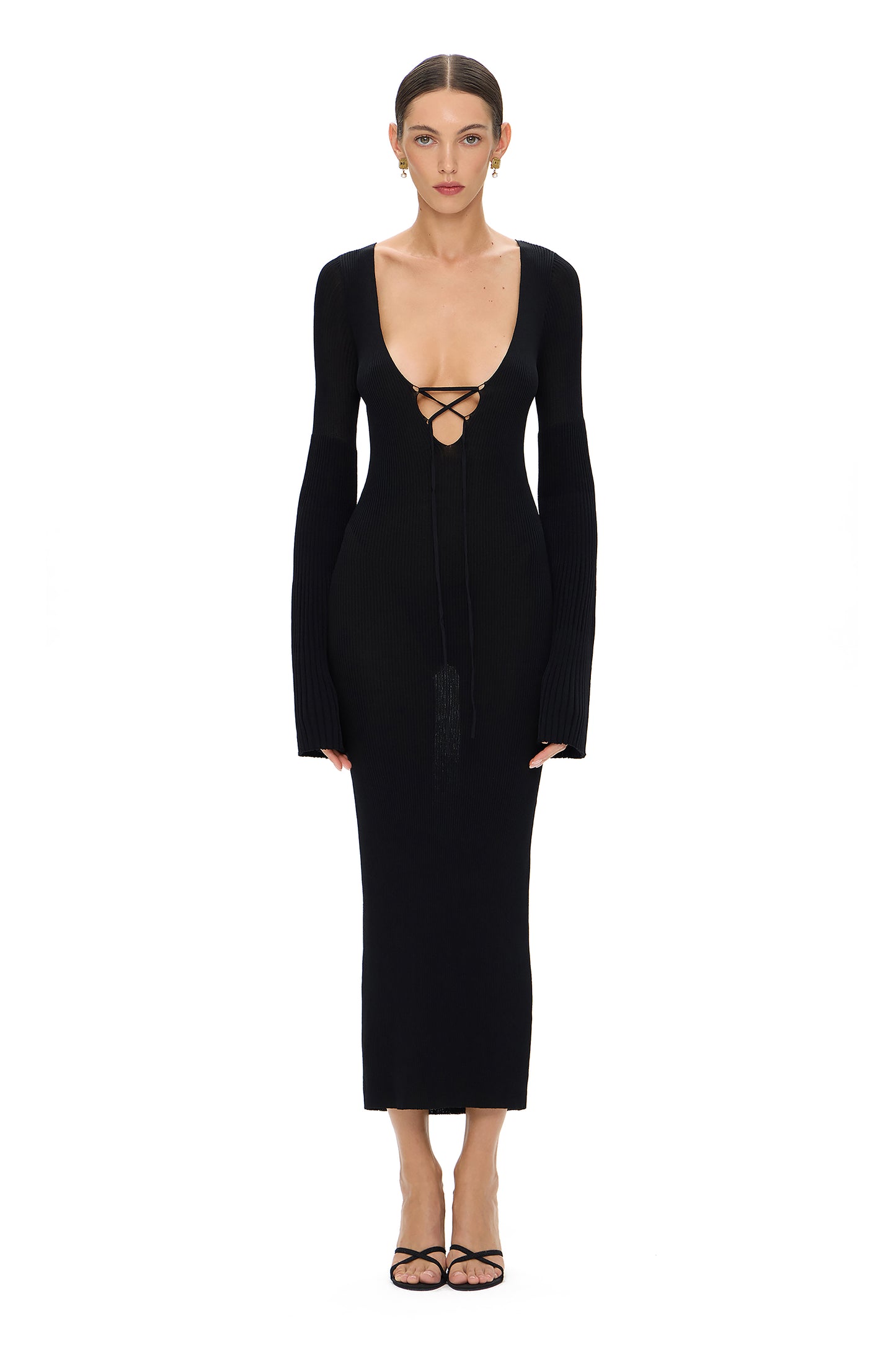 KNITTED MIDI DRESS WITH WIDE PLEATED LONG SLEEVES BLACK