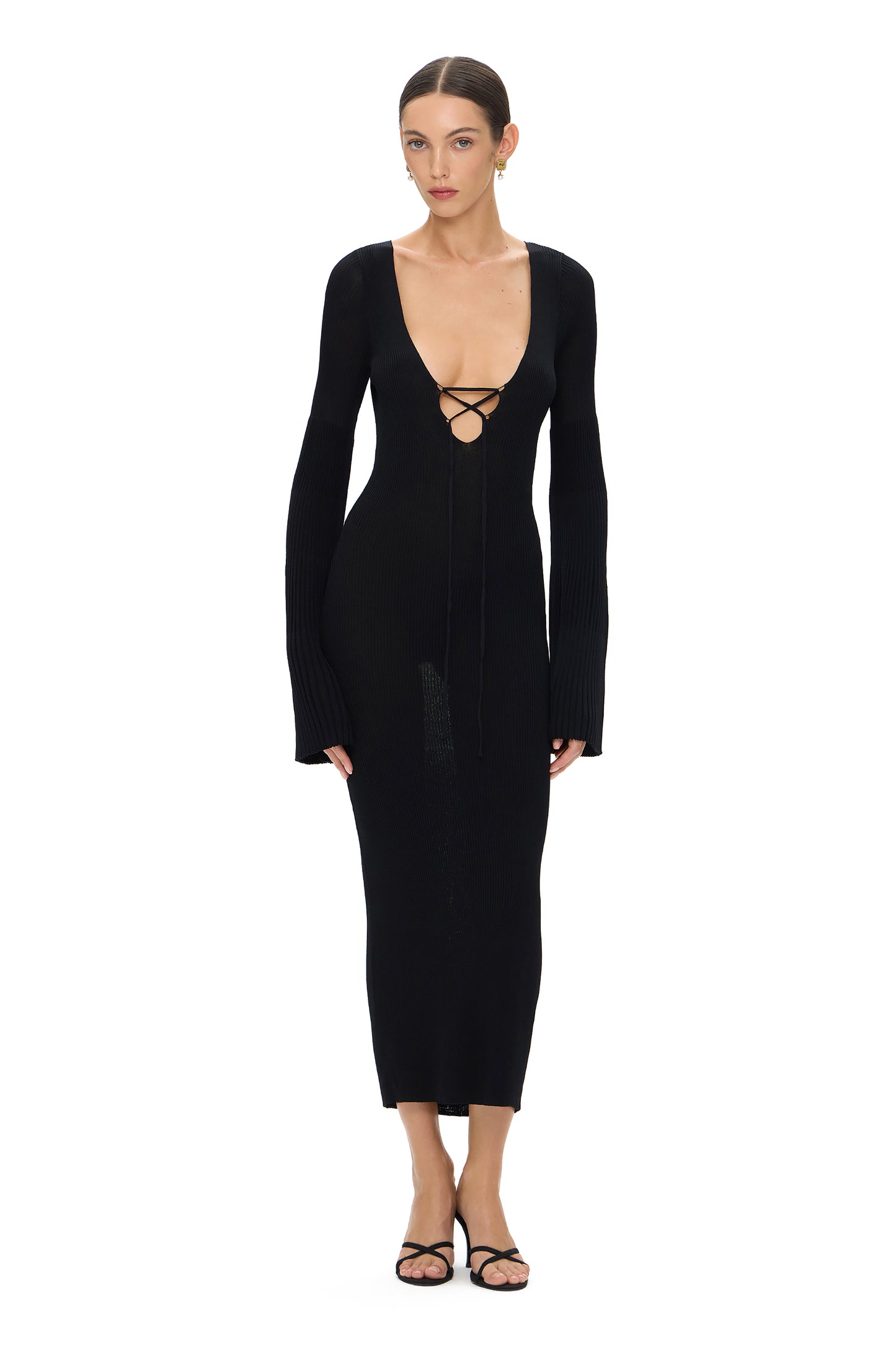 KNITTED MIDI DRESS WITH WIDE PLEATED LONG SLEEVES BLACK