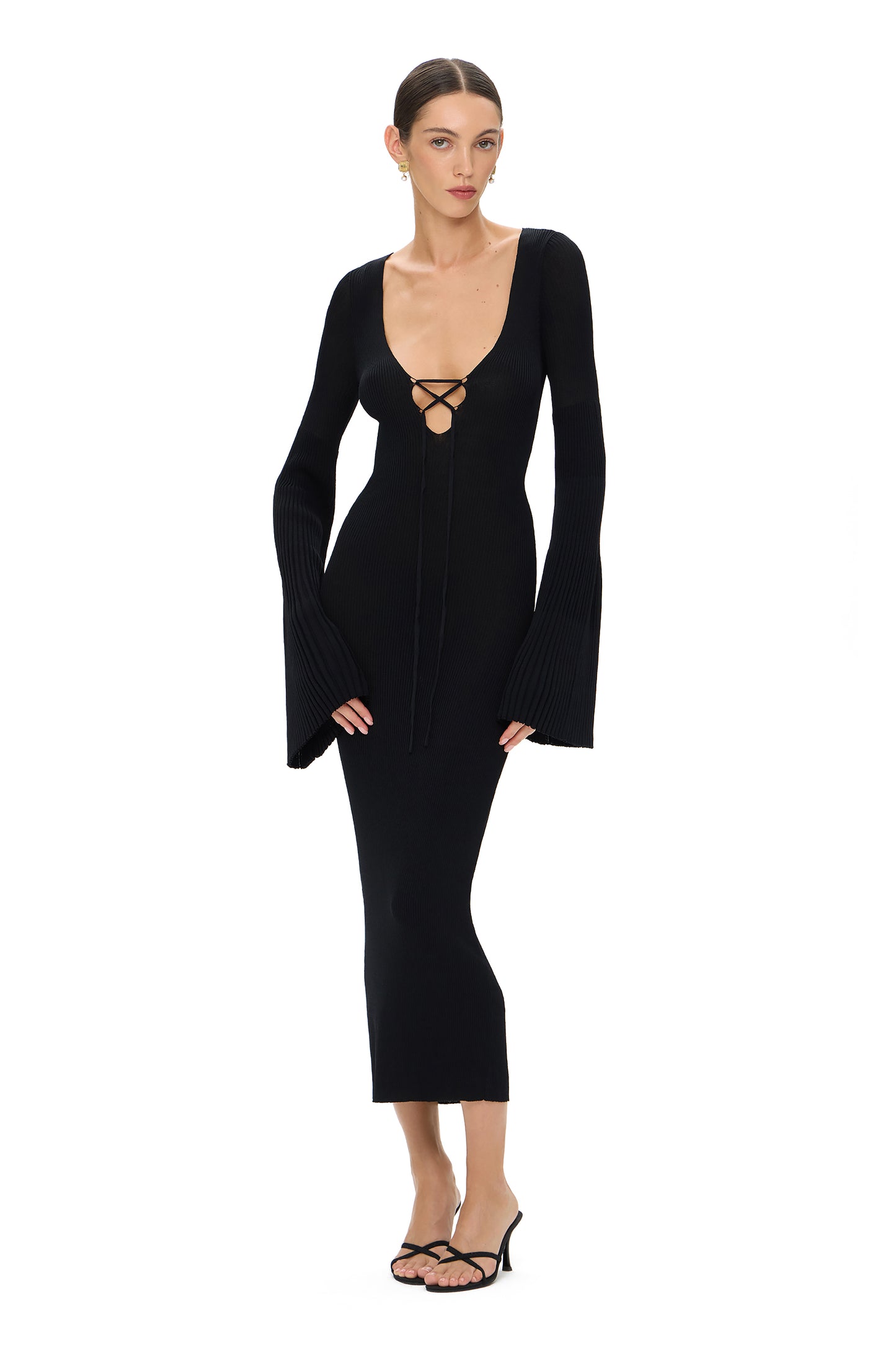 KNITTED MIDI DRESS WITH WIDE PLEATED LONG SLEEVES BLACK