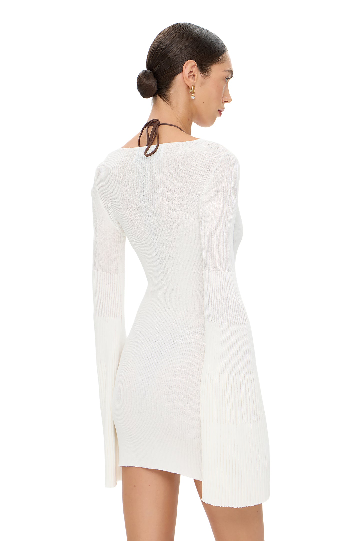 KNITTED MINI DRESS WITH WIDE PLEATED LONG SLEEVES WHITE