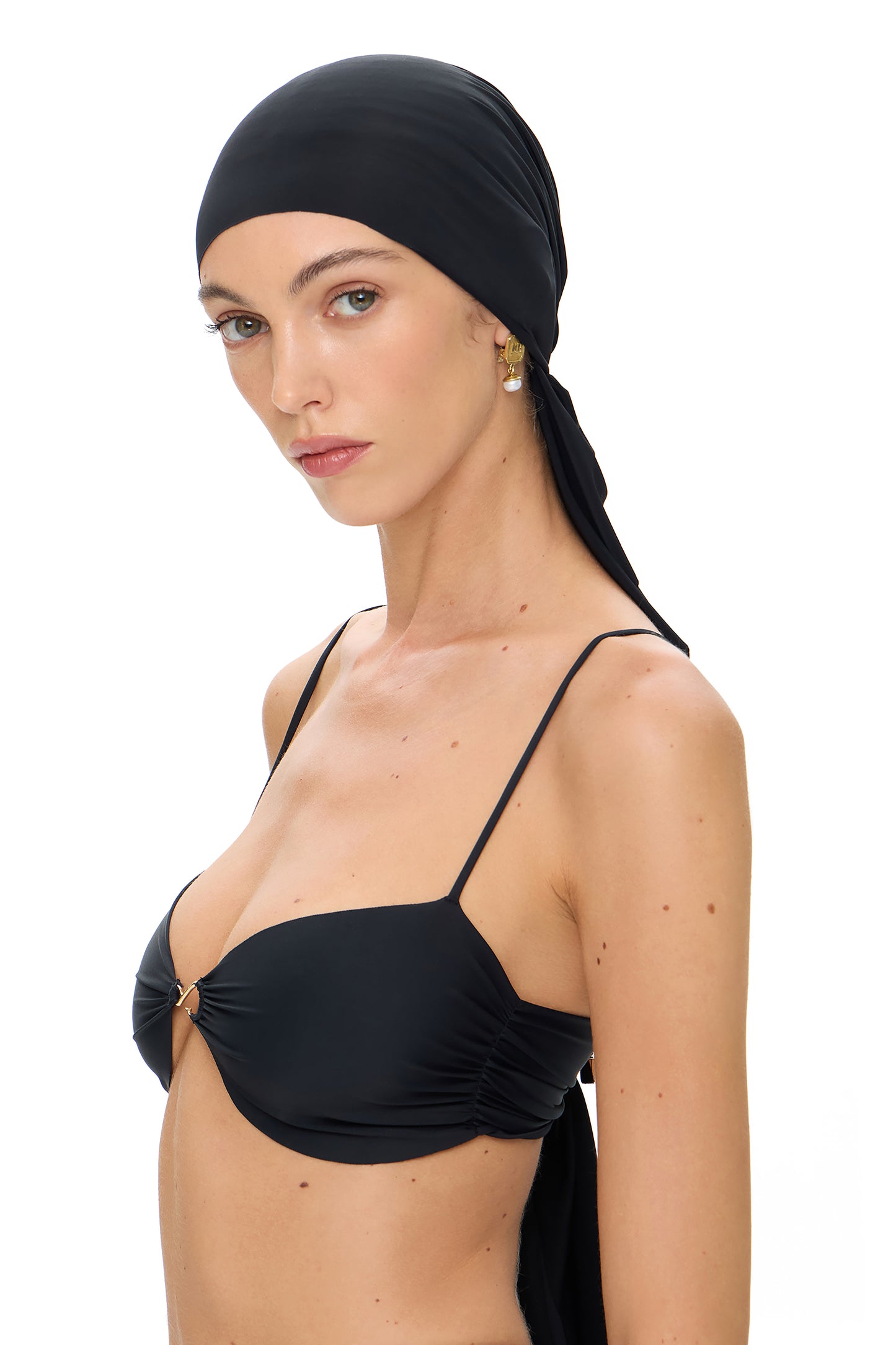 SUIT LYCRA TOP WITH SMALL METAL HOOK DECOR AND GATHERING SKIRT BLACK