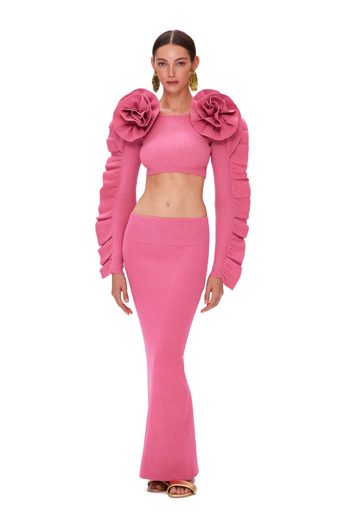KNITTED COUTURE TOP LONG SLEEVES WITH FLOWER DECOR ON THE SHOULDERS
