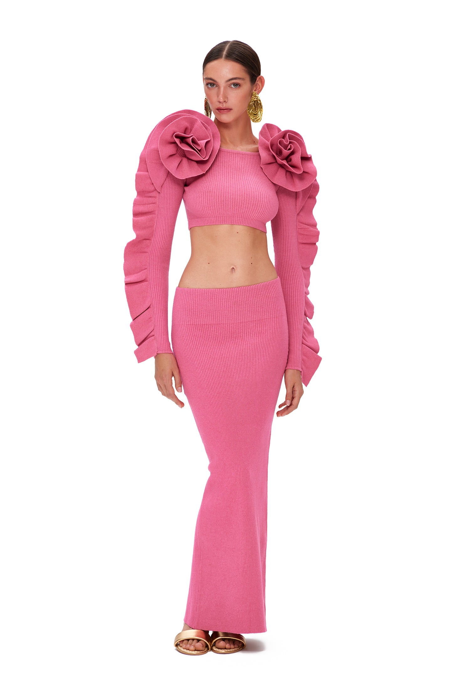 KNITTED COUTURE TOP LONG SLEEVES WITH FLOWER DECOR ON THE SHOULDERS