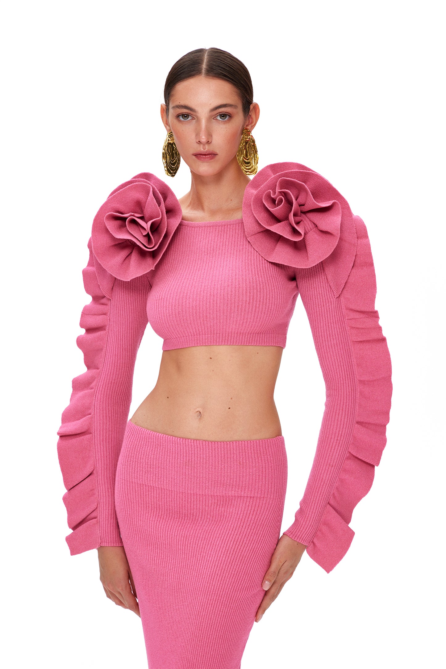 KNITTED COUTURE TOP LONG SLEEVES WITH FLOWER DECOR ON THE SHOULDERS