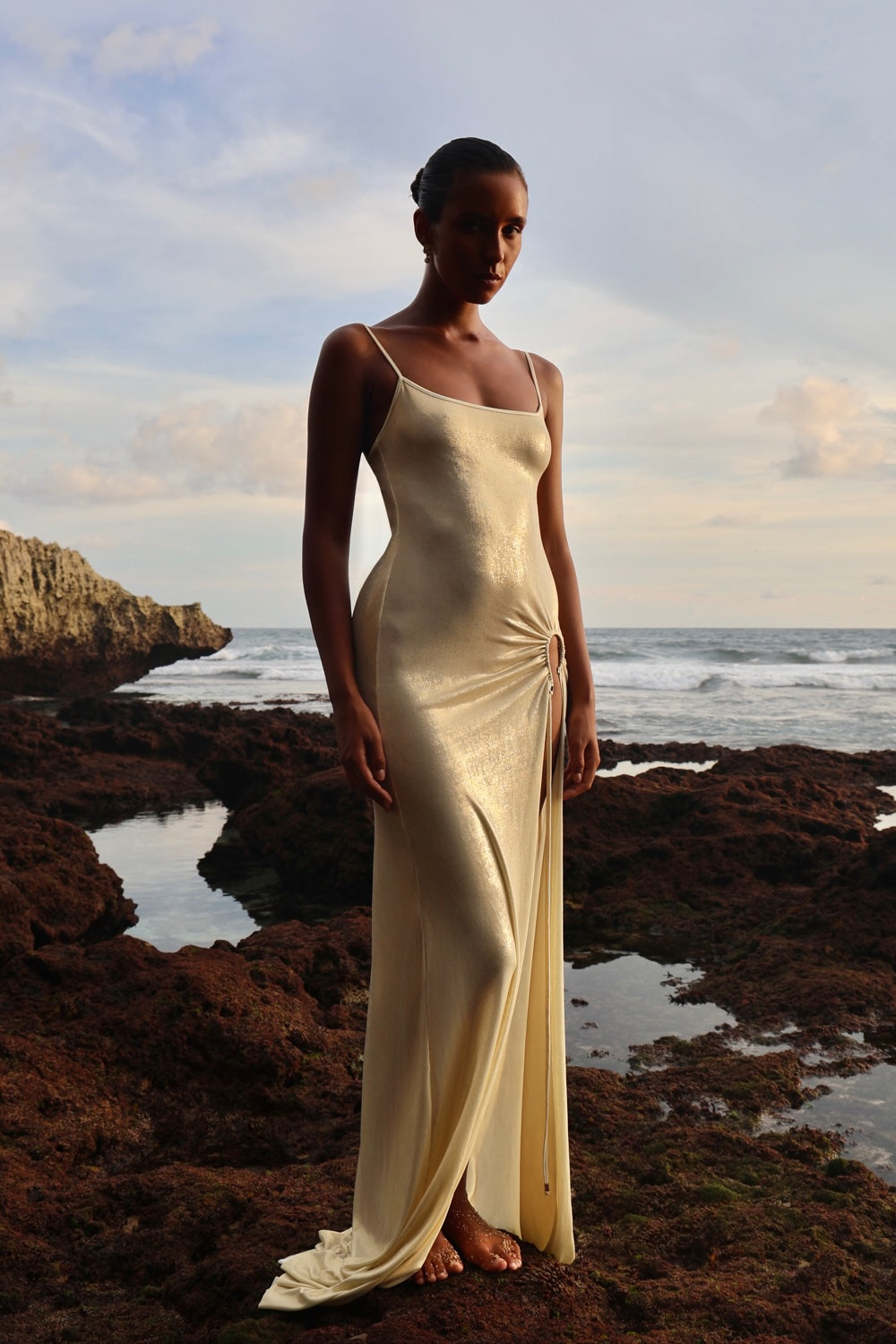 LYCRA STRAPPY DRESS WITH FISHING HOOK METALLIC MILK