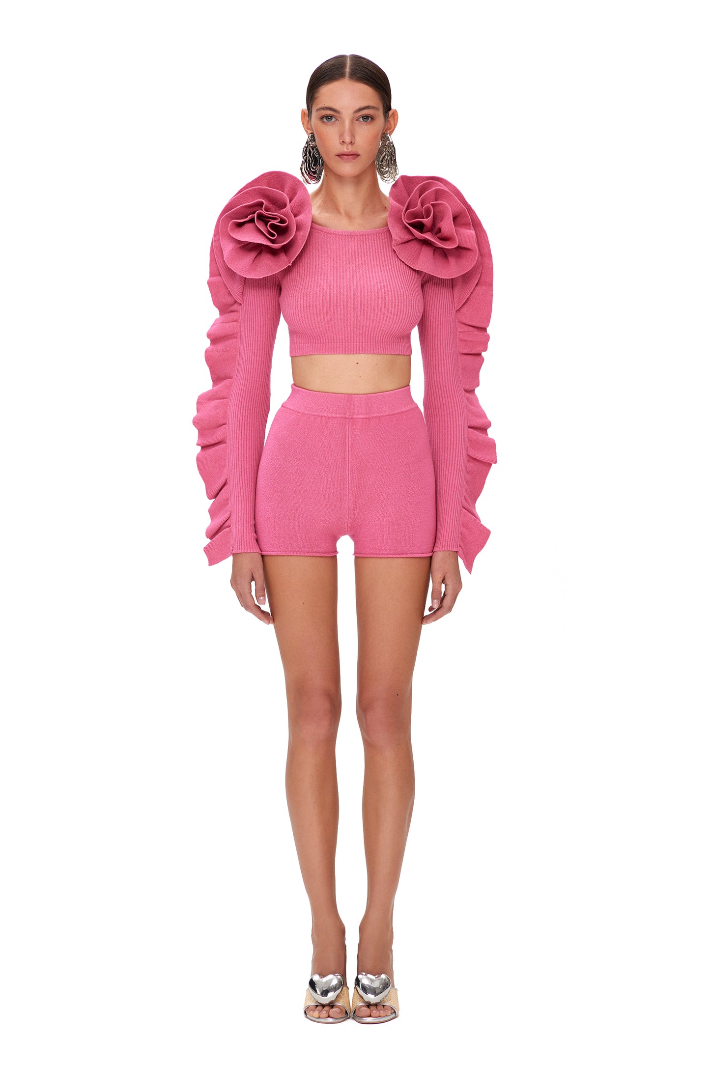 KNITTED COUTURE TOP LONG SLEEVES WITH FLOWER DECOR ON THE SHOULDERS