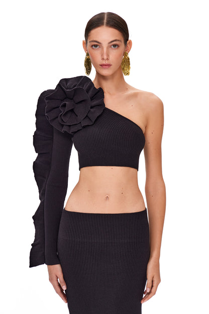 KNITTED ASYMMETRIC COUTURE TOP WITH LONG SLEEVE AND FLOWER DECOR