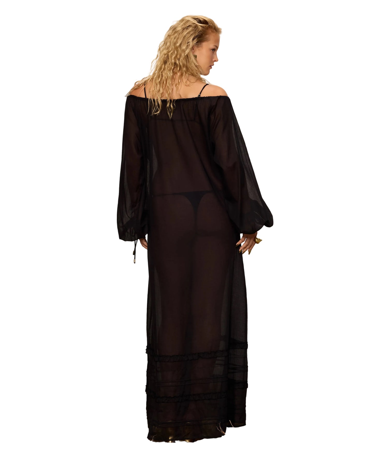 COTTON THIN MAXI DRESS WITH BALLOON SLEEVES AND DEEP FRONT TIE NECKLINE BLACK