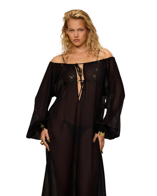 COTTON THIN MAXI DRESS WITH BALLOON SLEEVES AND DEEP FRONT TIE NECKLINE BLACK