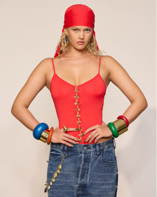 JERSEY COUTURE BODYSUIT WITH SMALL METAL HOOKS DECOR COLOR RED