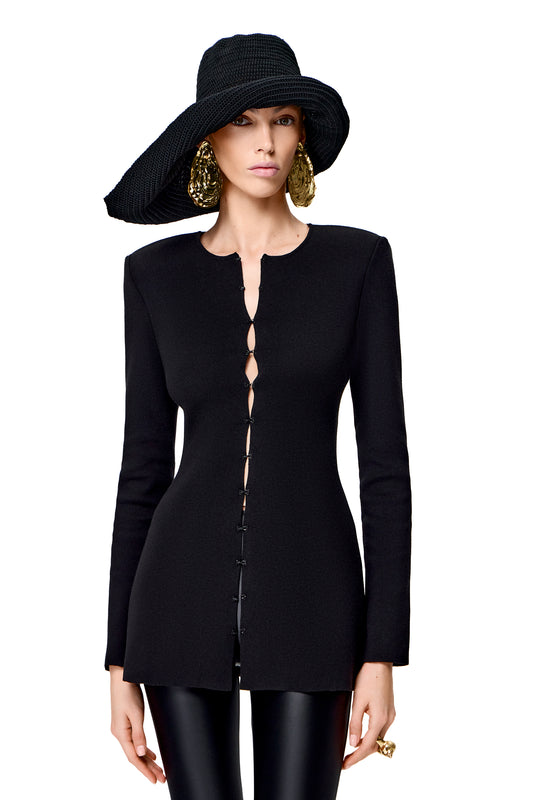 KNITTED HANDMADE BIG HAT WITH BIG METAL HOOK DECOR COLOR BLACK