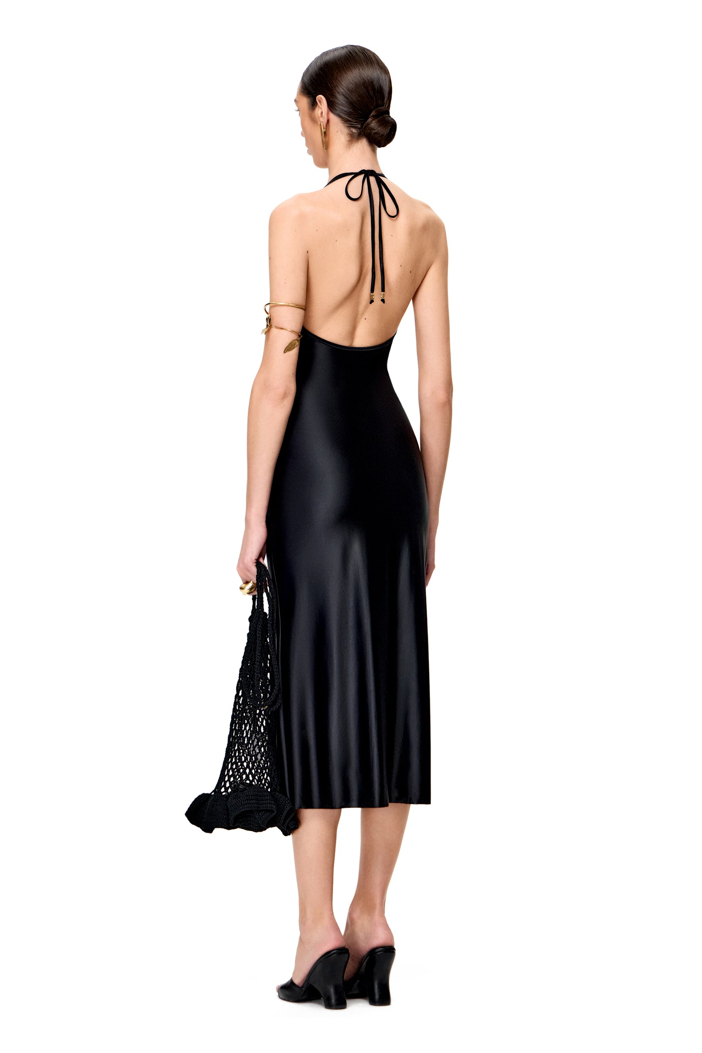 JERSEY THIN MIDI DRESS SECOND SKIN WITH SOFT METALLIC SHEEN AND V-NECKLINE COLOR BLACK