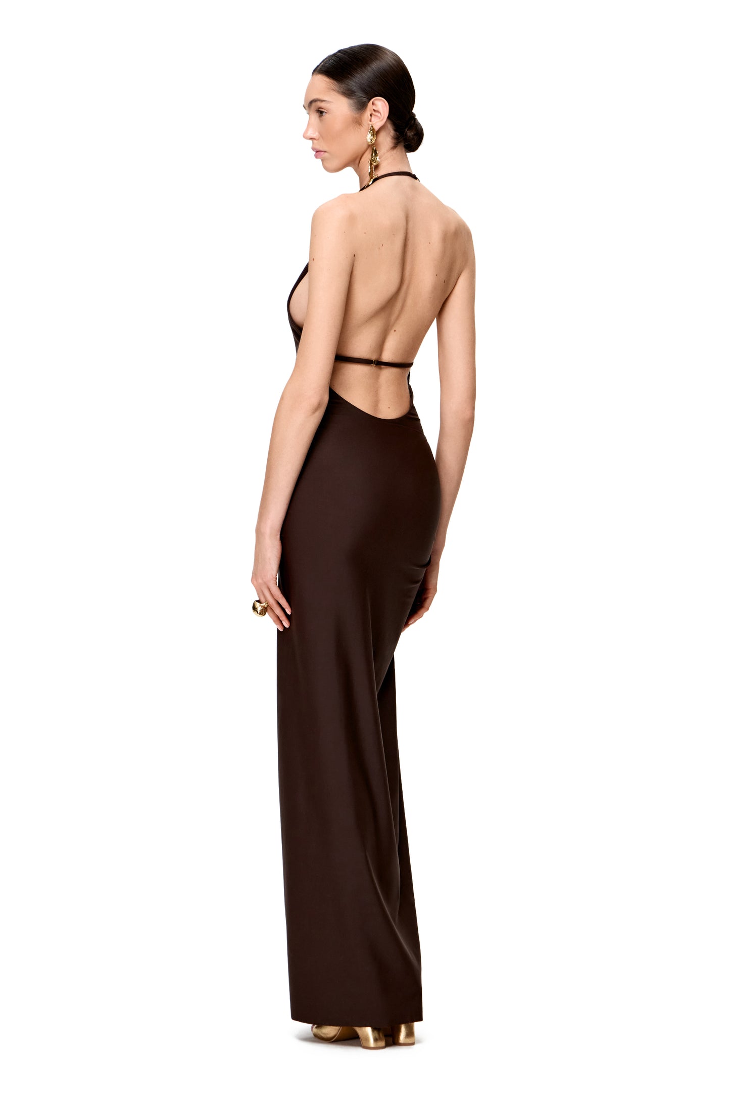 LYCRA LONG SKIRT WITH HIGH SLIT AND METAL SHELL DECOR CHOCOLATE
