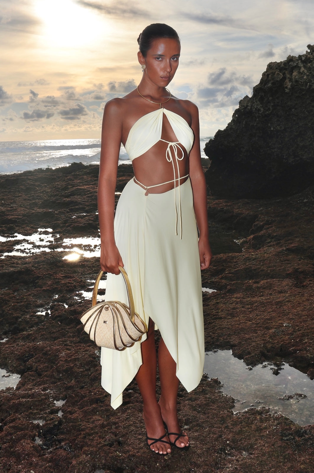 LYCRA SUIT TOP WITH METALLIC CHOKER AND ASYMMETRICAL SKIRT WITH HOOK YELLOW