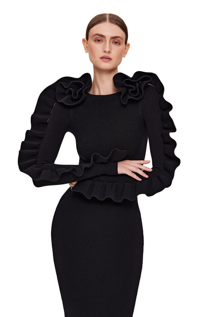 COUTURE KNITTED DRESS WITH ROUCHES ON SLEEVES