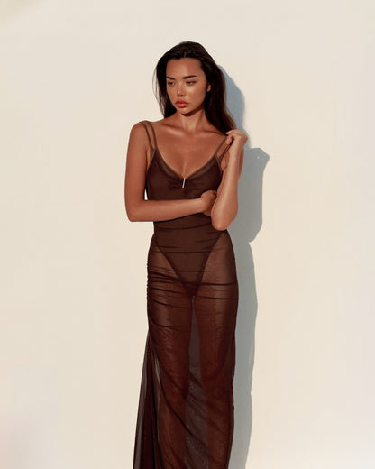 MESH MAXI DRESS WITH BODYSUIT COLOR CHOCOLATE