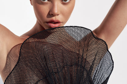 SET COUTURE MESH TOP WITH BASE METAL PEARL-BUTTON AND HIGH SLIT MAXI SKIRT BLACK
