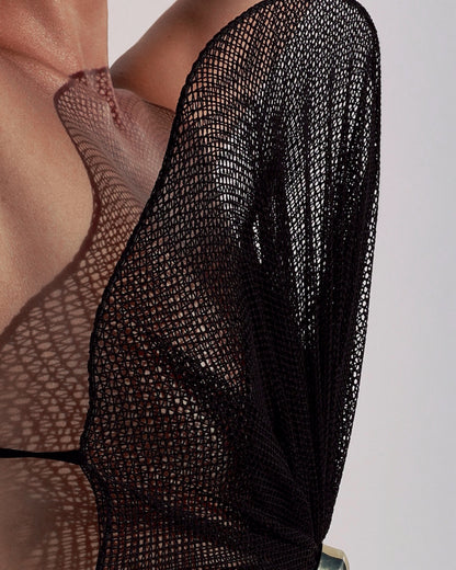 SET COUTURE MESH TOP WITH BASE METAL PEARL-BUTTON AND HIGH SLIT MAXI SKIRT BLACK