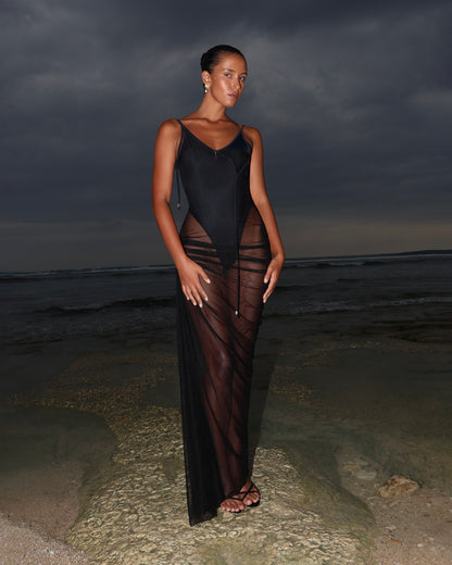 MESH MAXI DRESS WITH BODYSUIT BLACK
