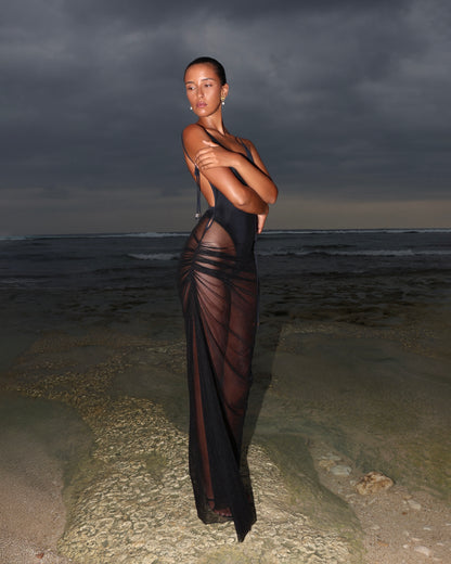 MESH MAXI DRESS WITH BODYSUIT BLACK