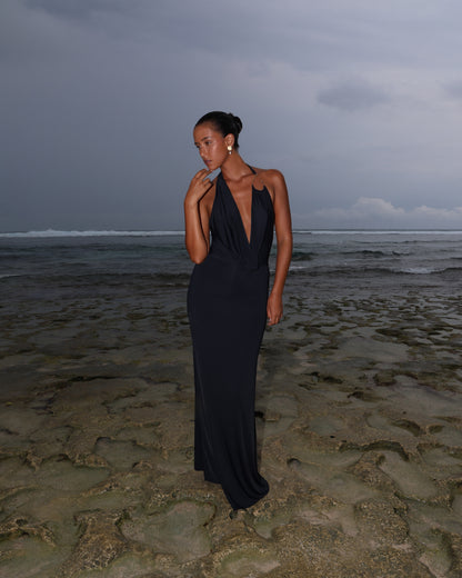 LYCRA MAXI DRESS WITH FISHING HOOK ON THE CHEST BLACK
