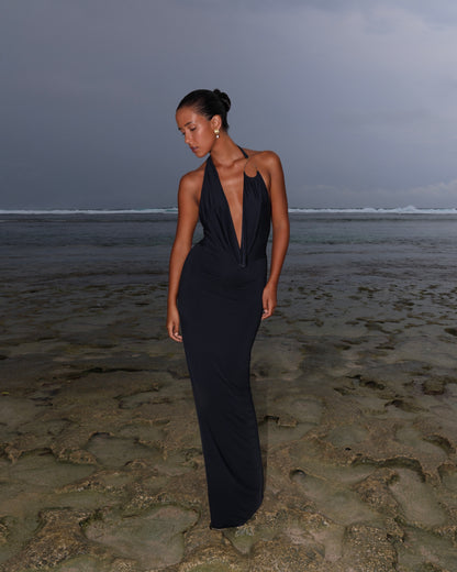 LYCRA MAXI DRESS WITH FISHING HOOK ON THE CHEST BLACK