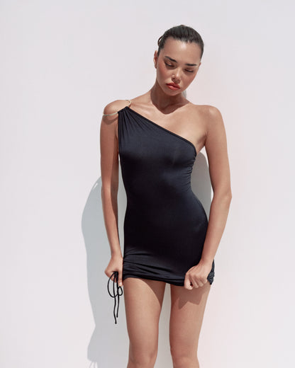 JERSEY ASYMMETRICAL MINI DRESS WITH METAL RING DETAIL ON THE SHOULDER COLOR BLACK