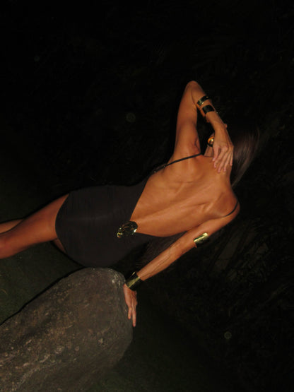 LYCRA MINI STRAPPY DRESS WITH METAL SHELL DETAIL ON THE BACK COLOR BLACK
