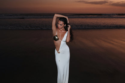 COUTURE ASYMMETRICAL MAXI DRESS WITH HANDMADE BASE METAL BODY ACCESSORY COLOR MILK