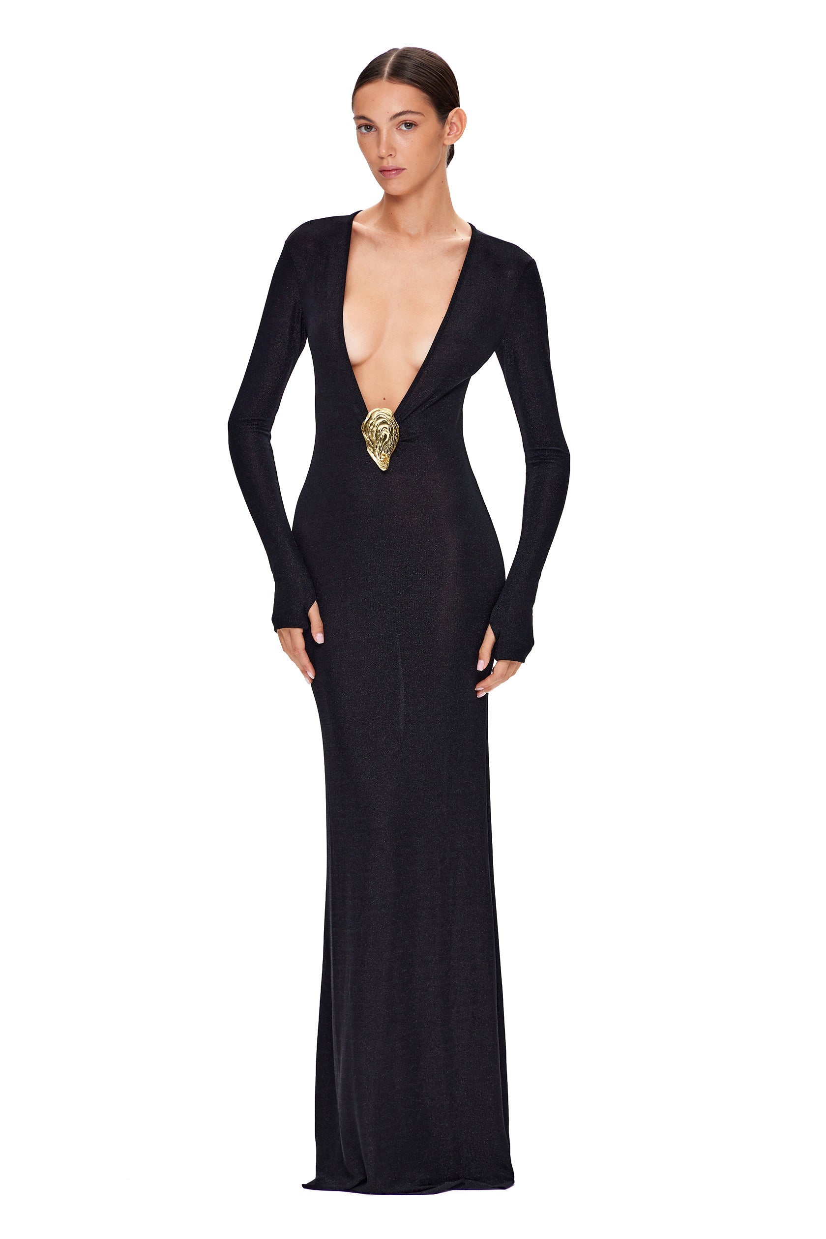 JERCEY GLITTER MAXI DRESS DEEP NECKLINE WITH METAL SHELL DECOR KOROBEYNIKOV