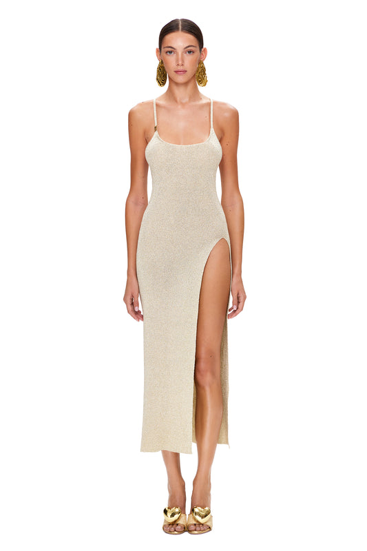 KNITTED MIDI DRESS WITH STRAPS WITH METAL LOGO AND OPEN BACK LUREX