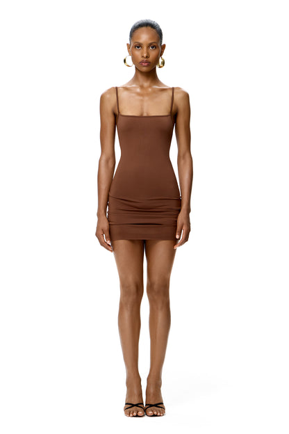 LYCRA MINI STRAPPY DRESS WITH BASE METAL SHELL DETAIL ON THE BACK COLOR CHOCOLATE