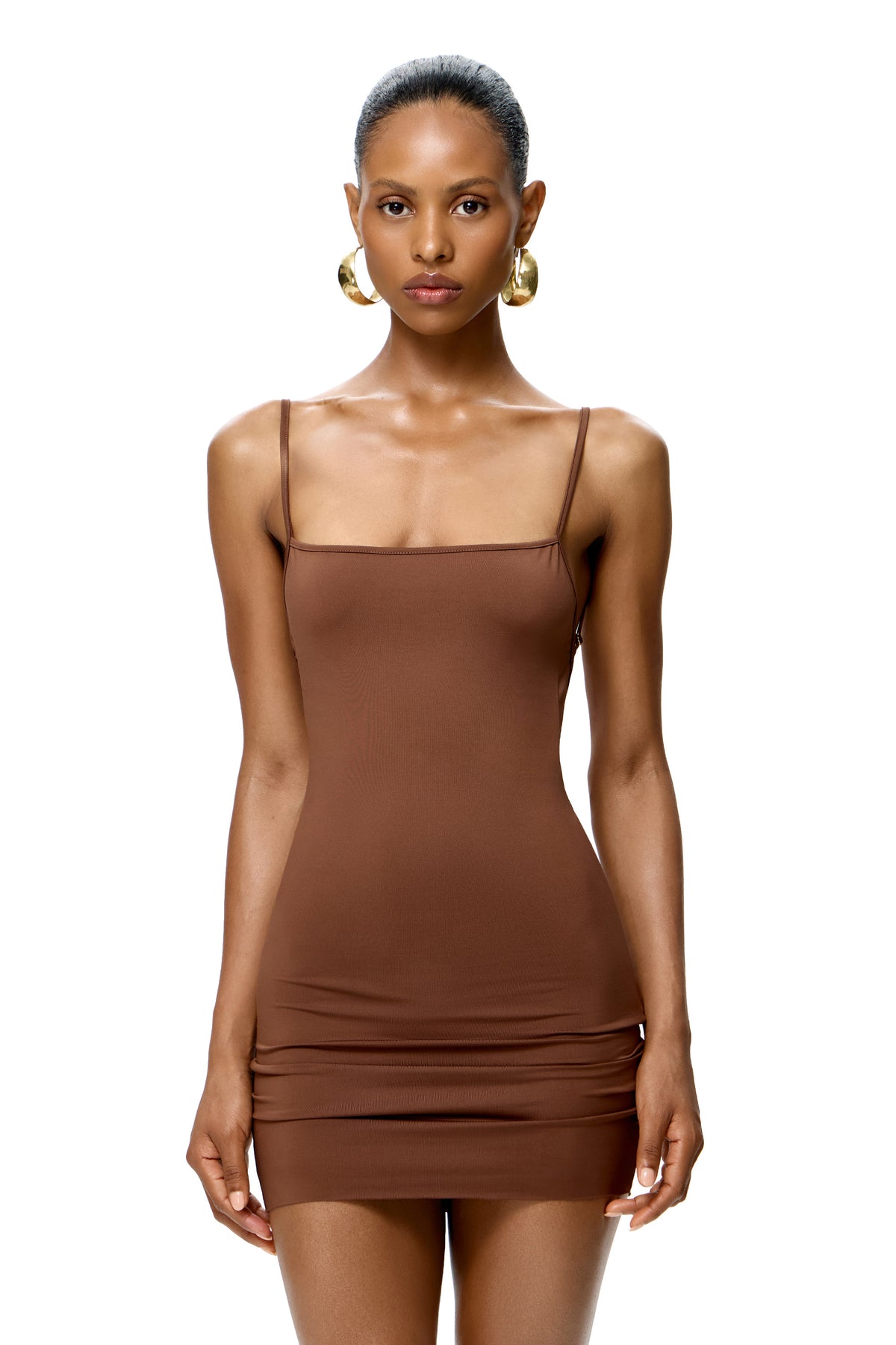 LYCRA MINI STRAPPY DRESS WITH BASE METAL SHELL DETAIL ON THE BACK COLOR CHOCOLATE