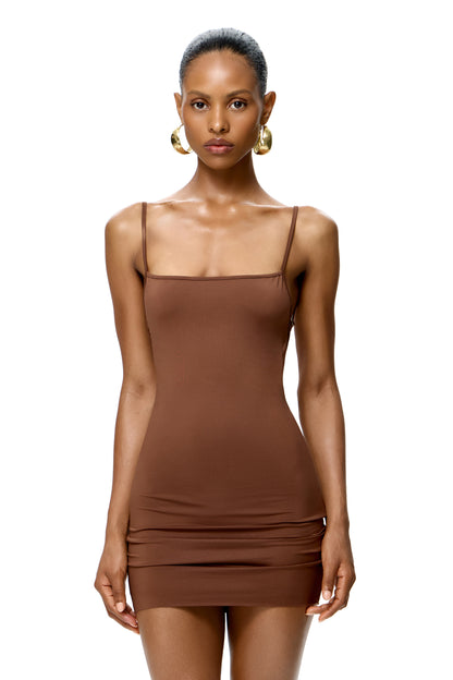 LYCRA MINI STRAPPY DRESS WITH BASE METAL SHELL DETAIL ON THE BACK COLOR CHOCOLATE