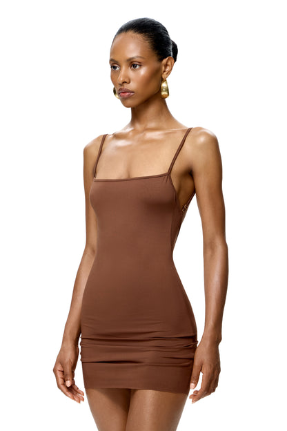 LYCRA MINI STRAPPY DRESS WITH BASE METAL SHELL DETAIL ON THE BACK COLOR CHOCOLATE