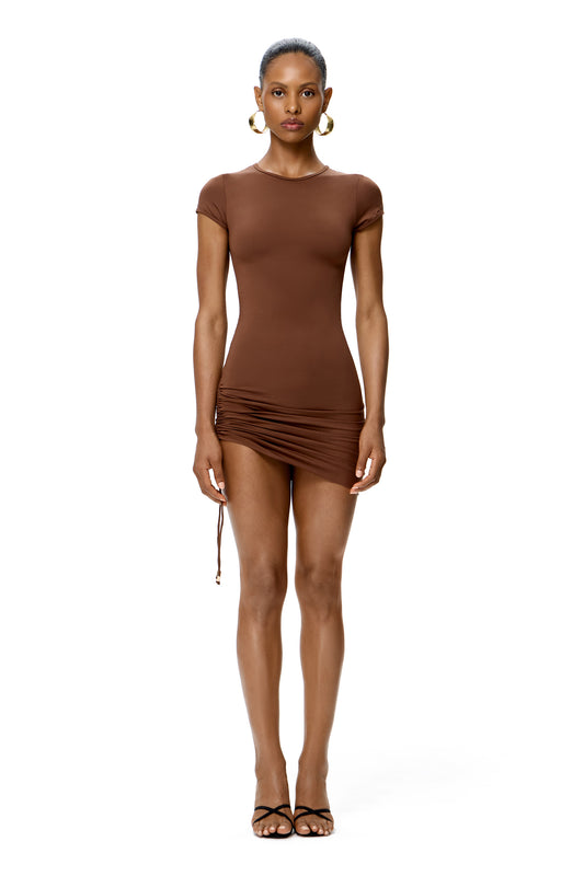 SHORT SLEEVE MINI DRESS WITH SHOULDER PADS AND RUCHED DETAIL COLOR CHOCOLATE