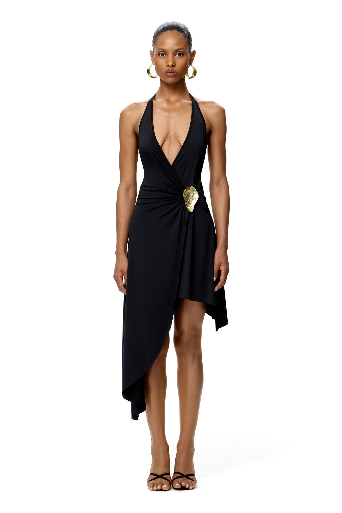 ASYMMETRIC HALTER MINI DRESS WITH BASE METAL SHELL DECOR COLOR BLACK