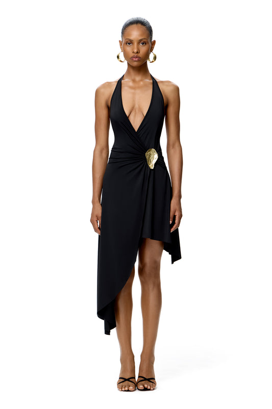 ASYMMETRIC HALTER MINI DRESS WITH BASE METAL SHELL DECOR COLOR BLACK