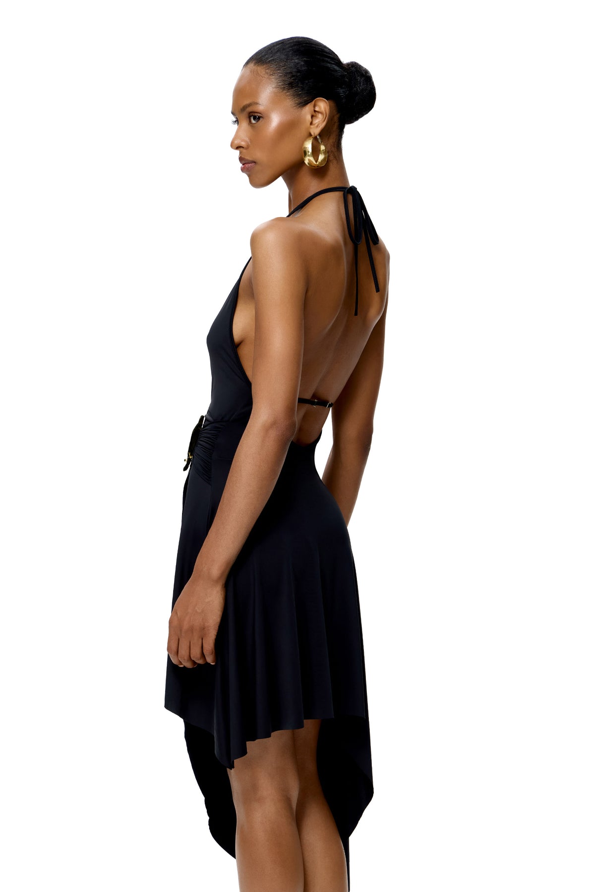 ASYMMETRIC HALTER MINI DRESS WITH BASE METAL SHELL DECOR COLOR BLACK